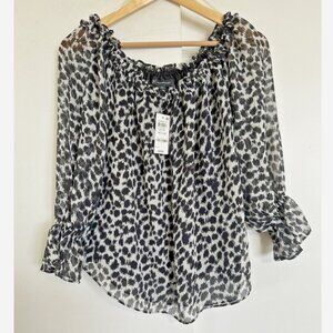 INC International Concepts Black and White Leopard Print Peasant Blouse